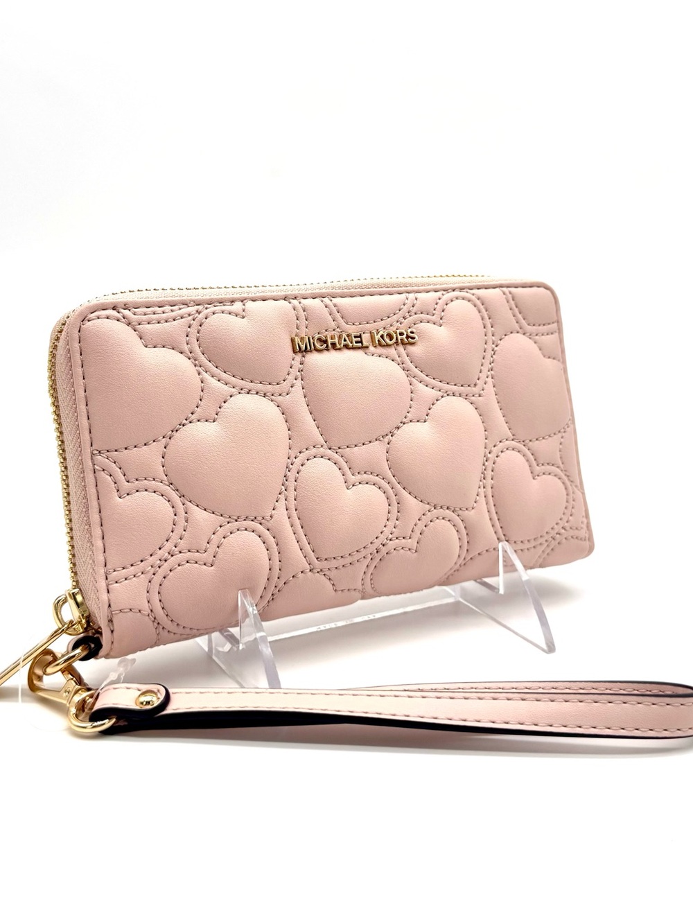 Michael Kors Large Quilted Heart Flat MF Phone Case Wallet Powder Blush